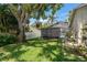 Beautifully landscaped backyard with lush green grass, mature trees, and a screened-in pool at 627 Belted Kingfisher N Dr, Palm Harbor, FL 34683