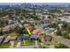 An aerial view shows the location of the home relative to the city skyline and waterfront at 111 Chesapeake Ave, Tampa, FL 33606