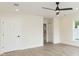 Bright bedroom with recessed lighting, ceiling fan, closet and light wood-look flooring at 12910 Longcrest Dr, Riverview, FL 33579