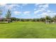 Wide, green common area with covered seating areas and surrounding trees beneath a blue sky at 13421 Lake Monroe Pl, Riverview, FL 33579
