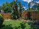 Landscaped backyard with palm trees, wooden fence and lush green grass at 18003 Arbor Crest Dr, Tampa, FL 33647