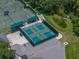 Aerial view of pickleball courts with green fencing, and the surrounding trees and parking lot at 18003 Arbor Crest Dr, Tampa, FL 33647