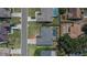 Birds-eye view of a home with a backyard pool, surrounded by lush greenery and neighboring houses at 1801 Sagebrush Rd, Plant City, FL 33566