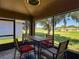 Inviting screened patio with a table and chairs, offering views of the lush backyard and scenic surroundings at 18107 Canal Pointe St, Tampa, FL 33647