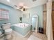 Bathroom features a toilet, bathtub, decorative mirror, and large window at 3093 Hillside Ln, Safety Harbor, FL 34695