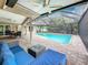 Relaxing outdoor living area featuring a screened-in pool, comfortable seating, and a dining space, perfect for entertaining at 3093 Hillside Ln, Safety Harbor, FL 34695