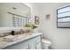 Bright bathroom features a gray vanity with marble countertop and a large mirror over the sink at 1111 Lakemont Dr, Valrico, FL 33594
