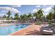 Community pool with a brick surround, lounge chairs, umbrellas, and lush landscaping at 11844 Blue Diamond Trl, Parrish, FL 34219