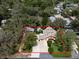 Aerial view of a landscaped property featuring a pool, a detached garage, and a sprawling canopy of mature trees at 1799 Dixie Hwy, Tarpon Springs, FL 34689