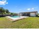 Beautiful home backyard featuring a pool, patio, manicured lawn and fenced-in perimeter at 302 Patty Dr, Oldsmar, FL 34677