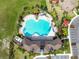 Aerial view of community pool, splash pad, and lush landscaping perfect for relaxation and outdoor enjoyment at 33524 Elm Hill Br, Wesley Chapel, FL 33545