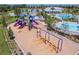 An aerial image showcases a playground next to a pool and splash pad, set in a well-kept residential community at 33524 Elm Hill Br, Wesley Chapel, FL 33545