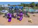 A large playground with purple slides and green supports has picnic tables and a nearby splash pad and pool at 33524 Elm Hill Br, Wesley Chapel, FL 33545