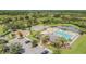 Aerial view of the community pool with a playground, basketball court, and a pond, offering diverse amenities at 33524 Elm Hill Br, Wesley Chapel, FL 33545