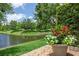 Scenic pond view with lush landscaping, flowers and trees in the Harbor Ridge community at 542 Harbor Ridge Dr, Palm Harbor, FL 34683