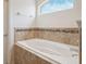 Bright bathroom showcasing a large soaking tub with elegant tile surround at 6547 Castle Green Pl, Zephyrhills, FL 33541
