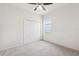 Bright bedroom with a ceiling fan, carpet flooring, closet, and a window overlooking the yard at 6547 Castle Green Pl, Zephyrhills, FL 33541