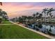 Waterfront backyard with a wooden dock, lush green grass, and beautiful palm trees at dusk at 1449 45Th Ne Ave, St Petersburg, FL 33703