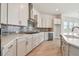 Modern kitchen featuring white cabinets, gray backsplash, and stainless steel appliances at 1599 Running Tide Pl, Sarasota, FL 34240