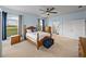 Inviting bedroom with ceiling fan, blue accent walls, carpet floors, and large windows at 30017 Johnston Rd, Dade City, FL 33523