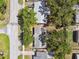 An aerial view showcases the neighborhood homes with mature trees and a street at 5624 62Nd N St, St Petersburg, FL 33709
