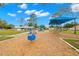 A colorful playground with various play structures and blue canopies, set on a wood chip surface for safe play at 6433 Reef Cir, Tampa, FL 33625
