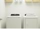 This laundry room has a new white washer and dryer, topped with folded towels and decor baskets above at 11746 Brae Way, Dade City, FL 33525