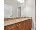 Bathroom vanity featuring wood cabinets, granite countertop, and a large mirror at 15711 Starling Dale Ln, Lithia, FL 33547