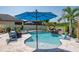 Backyard oasis featuring a sparkling pool with a rock waterfall, complemented by comfortable seating and lush greenery at 21874 Crest Meadow Dr, Land O Lakes, FL 34637