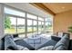 Cozy sunroom showcasing a stylish seating arrangement and picturesque lake views at 2407 Kensington Greens Dr, Sun City Center, FL 33573