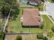 Aerial view showcases a home with a well-manicured yard, complete with a patio and white picket fence at 3041 Colonial Ridge Dr, Brandon, FL 33511