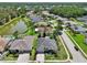 An aerial view shows single-Gathering homes in a well-maintained community with a pond and lush landscaping at 5340 Riva Ridge Dr, Wesley Chapel, FL 33544