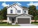 Charming two-story home with white siding, gray accents, a front porch, and a two-car garage at 5717 Spivey Ct, Wesley Chapel, FL 33545