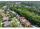 Aerial view showcasing the home's location in a lushly landscaped neighborhood near a lake at 6232 Crickethollow Dr, Riverview, FL 33578