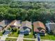 An aerial view showing a neighborhood surrounded by lush greenery at 6232 Crickethollow Dr, Riverview, FL 33578