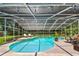 Large screened-in pool with outdoor seating area and lush landscaping at 734 Lake Forest Rd, Clearwater, FL 33765