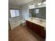Bathroom with a large mirror, double vanity, soaking tub and large window at 9126 Lantern Oak Way, Land O Lakes, FL 34638