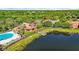 Community featuring a pool, clubhouse, and pond with dock, surrounded by lush trees. Red marker indicates property at 9416 Lake Chase Island Way # 9416, Tampa, FL 33626