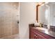 Bathroom features a walk-in shower, sleek vanity with granite countertop, and updated fixtures at 11441 Hammock Oaks Ct, Lithia, FL 33547