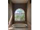 Bathroom with a large soaking tub beneath an arched window letting in natural light at 13632 Deventer Ct., Hudson, FL 34667
