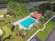 Aerial view of the community pool, surrounded by palm trees and lounge chairs for relaxation at 1801 E Lake Rd # 3A, Palm Harbor, FL 34685
