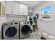 Efficient laundry room with modern washer and dryer, ample storage, and stylish tile flooring at 3418 W Bay Ave, Tampa, FL 33611