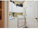 Functional laundry room with modern washer and dryer, plus ample storage cabinets and a convenient folding area at 7246 Gaberia Rd, New Port Richey, FL 34655