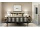 Neutral main bedroom with a black bed frame, neutral pillows, carpeted floor, and ensuite access at 9376 Gladsome Dr, Land O Lakes, FL 34637
