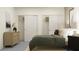 Modern bedroom featuring a large bed, twin sliding closet doors, and stylish decor at 9376 Gladsome Dr, Land O Lakes, FL 34637