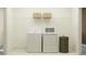 The well-organized laundry room with washer, dryer and shelving offers convenience and ample storage at 9376 Gladsome Dr, Land O Lakes, FL 34637