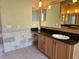 A vanity in the bathroom offers granite counters and a framed mirror at 9127 Woodridge Run Dr, Tampa, FL 33647