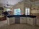 Bright kitchen featuring white cabinets, dark countertops, stainless steel appliances, and view of pool at 9127 Woodridge Run Dr, Tampa, FL 33647