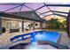 Backyard oasis with screened-in in-ground pool and spa, plus an outdoor seating and dining area at 1416 Via Verdi Dr, Palm Harbor, FL 34683