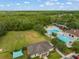Community aerial view showcases a pool, playground, and sports field surrounded by lush greenery at 26501 Whirlaway Ter, Wesley Chapel, FL 33544